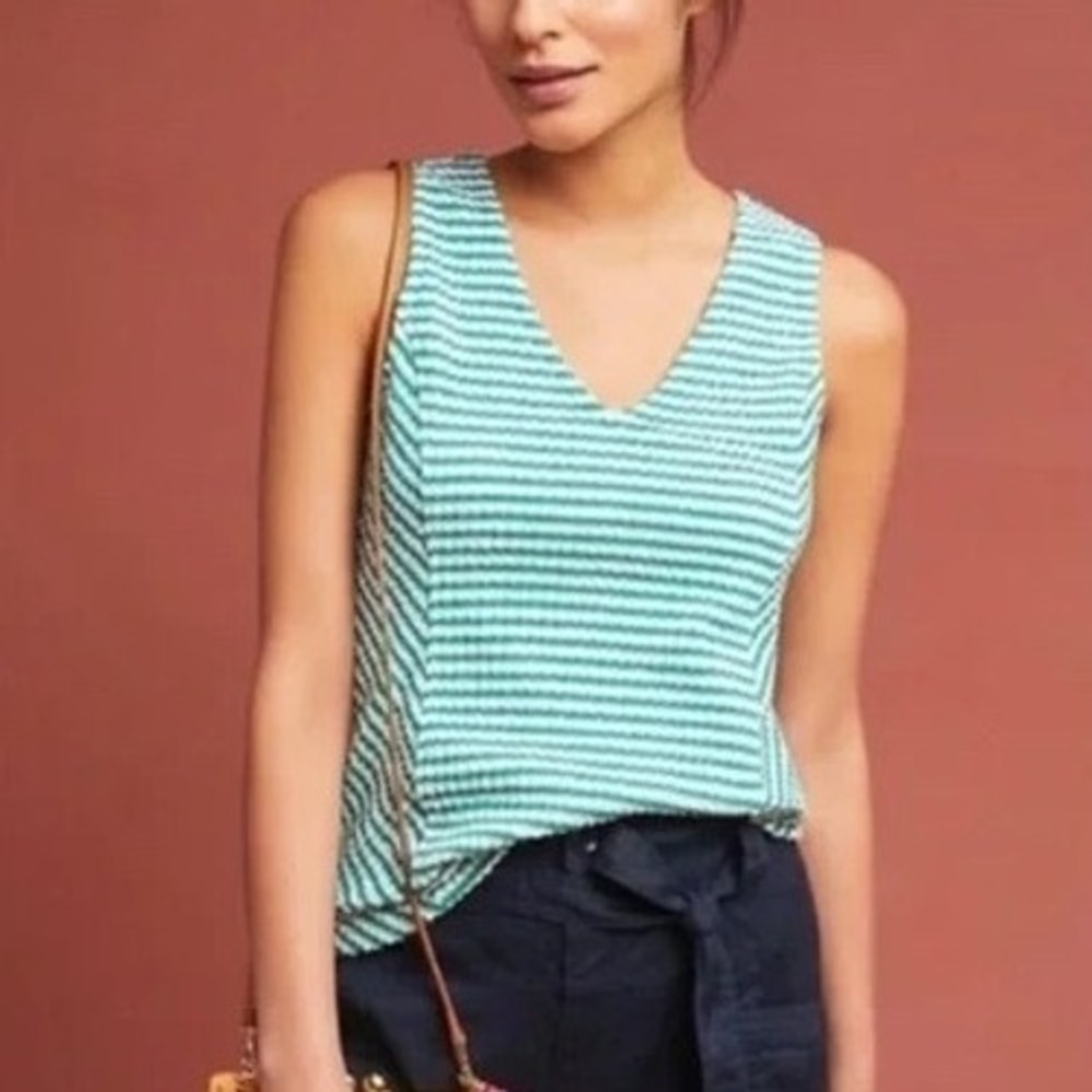 Maeve Anthropologie Franconia Green Striped Seersucker Sleeveless Top Large